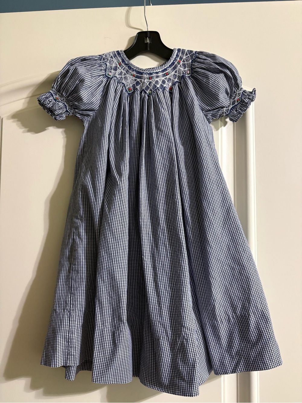 Blue Gingham Smocked Girls Dress with Puff Sleeves